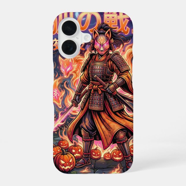 Coque iPhone 16 Kitsune Fox Samouraï & Citrouilles de Feu (Verso)