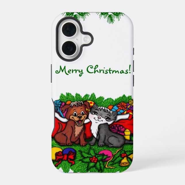 Coque iPhone 16 Kitty et Puppy , Joyeux Noël (Verso)