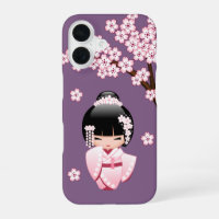Kokeshi Doll au kimono rose sur fond violet