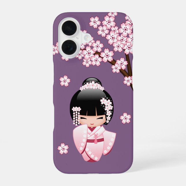 Coque iPhone 16 Kokeshi Doll au kimono rose sur fond violet (Verso)