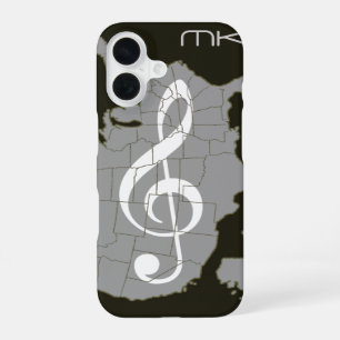 Coque iPhone 16 La carte des États-Unis avec une clé de sol