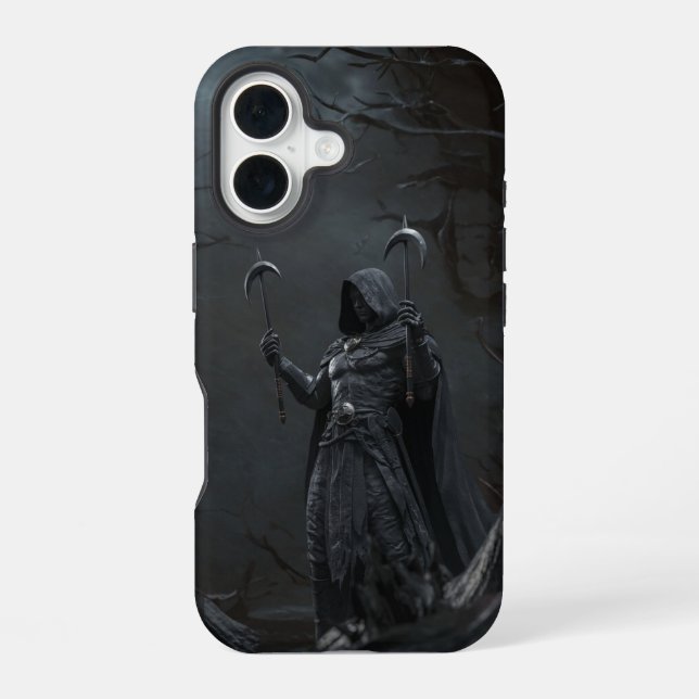 Coque iPhone 16 La Faucheuse des ombres - Twin Blade Warrior (Verso)