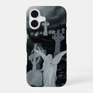 Coque iPhone 16 La nuit au cimetière - Ange avec Corbeau