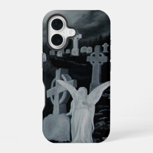 Coque iPhone 16 La nuit au cimetière - ange avec corbeau