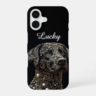 Coque iPhone 16 Labrador noir avec or et perle complexes