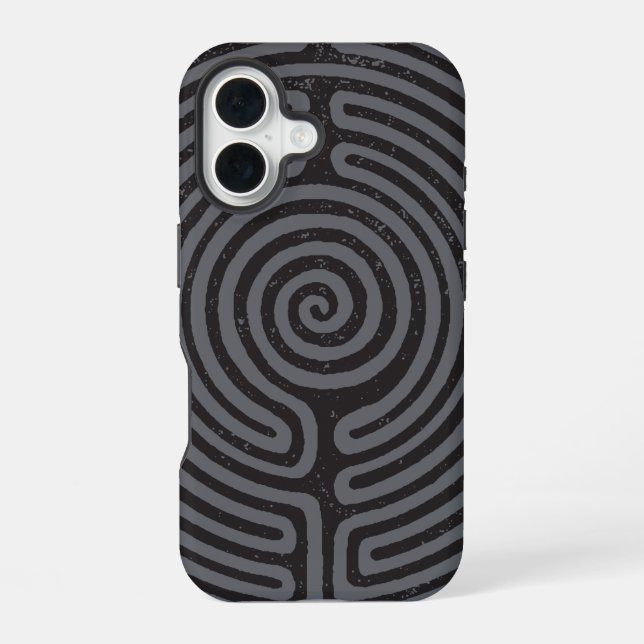 Coque iPhone 16 Labyrinthe à Cercle Noir (Gris) Beaux-Arts (Verso)