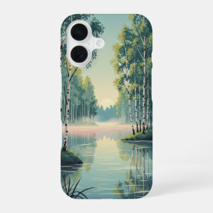 Coque iPhone 16 Lac vintage entouré de bouleaux