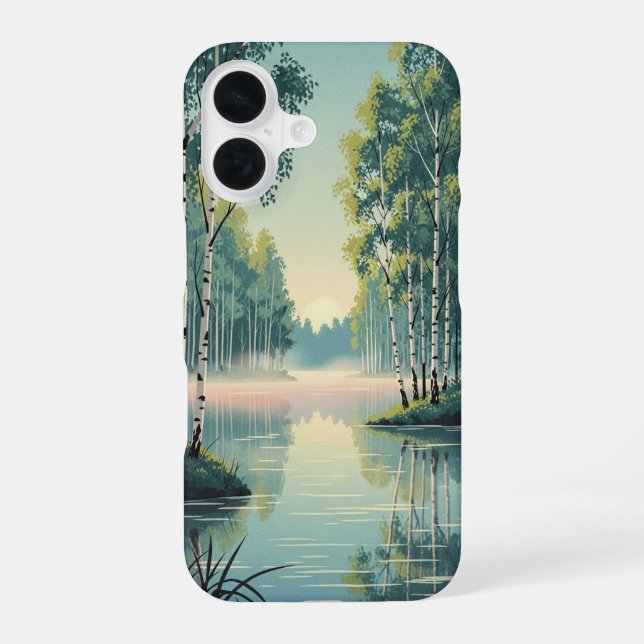 Coque iPhone 16 Lac vintage entouré de bouleaux (Verso)