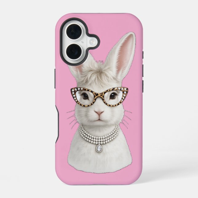 Coque iPhone 16 Lapin de mode drôle avec des lunettes léopard (Verso)