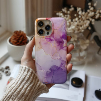 Coque iPhone 16 Lavender Blush Watercolor Gold Veins Luxury