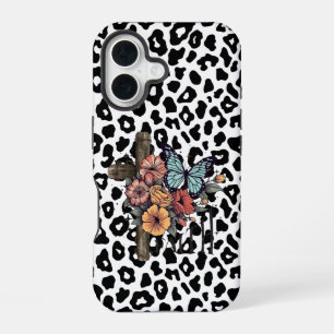 Coque iPhone 16 Léopard des neiges croisé, Fleurs et Papillons