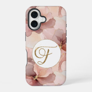Coque iPhone 16 Lettre F en rose poudré floral avec paillettes dor