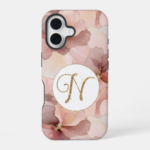 Coque iPhone 16 Lettre N en rose poudré floral avec paillettes dor