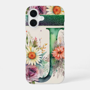 Coque iPhone 16 Lettre personnalisée J Élégant floral aquarelle
