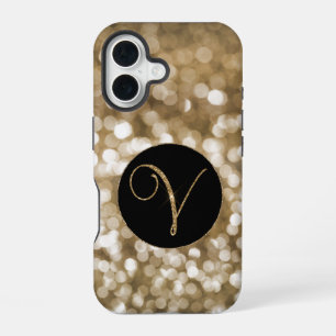 Coque iPhone 16 Lettre V Monogramme Paillettes Dorées Bokeh Rêveur