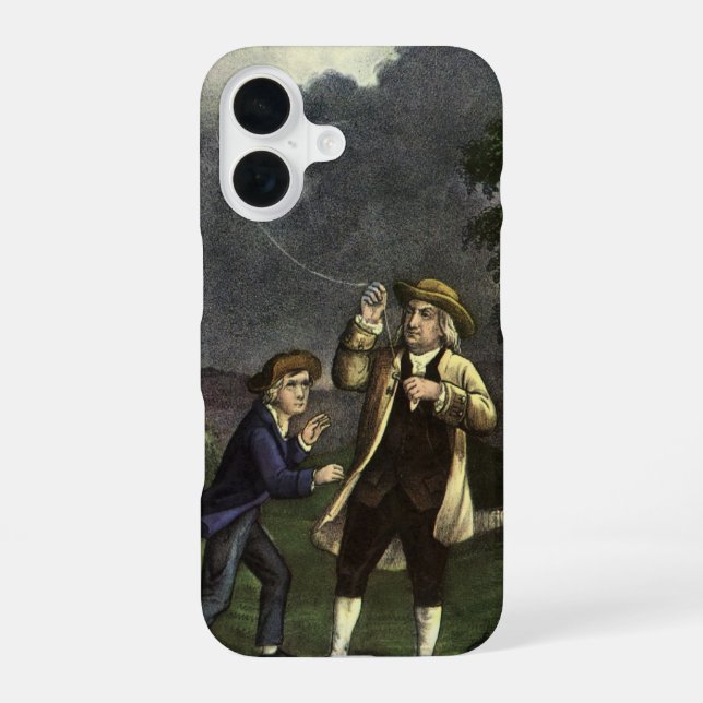 Coque iPhone 16 L'expérience de Benjamin Franklin avec le cerf-vol (Verso)