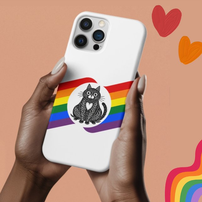 Coque iPhone 16 LGBT Pride Black & White Folk Art Cat coque iphone (lgbtq pride cat iphone case)