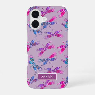 Coque iPhone 16 Libellule jolie motif bleu violet personnalisé