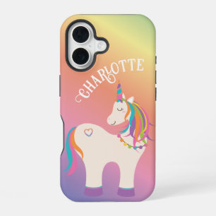 Coque iPhone 16 Licorne arc-en-ciel magique mignonne nom personnal
