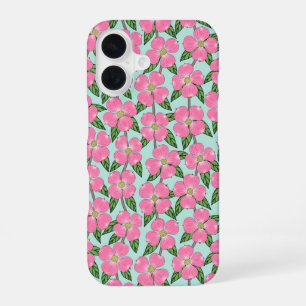 Coque iPhone 16 ligne de bois de chien à fleurs roses tirant flora