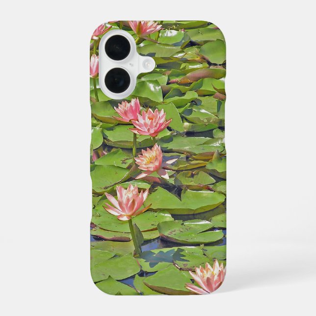 Coque iPhone 16 Ligne de nénuphars roses (Verso)