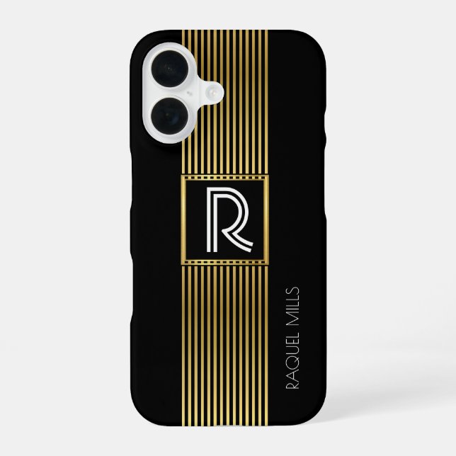 Coque iPhone 16 Lignes dorées Monogramme / monogramme noir (Verso)