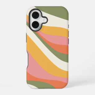 Coque iPhone 16 Lignes ondulées rétro funky en vert jaune et rose