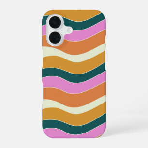 Coque iPhone 16 Lignes ondulées roses et vertes rétro groovy