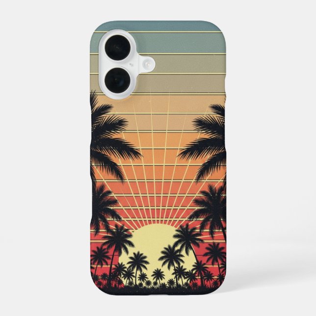 Coque iPhone 16 Lignes Rétro Tropicales au Lever du Soleil (Verso)