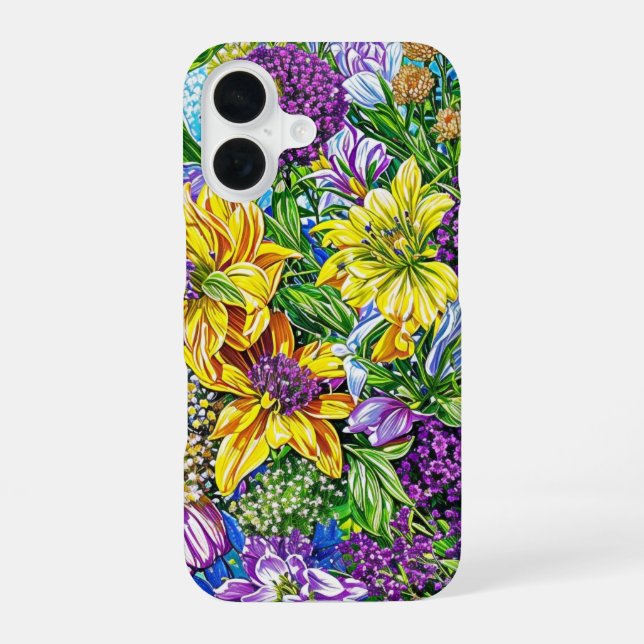 Coque iPhone 16 Lilac Jaune Bleu Vert Jardin Fleurs Motif (Verso)