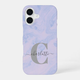 Coque iPhone 16 Lilac Lavande Marbre Élégant Monogramme Nom