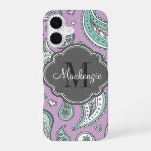 Coque iPhone 16 Lilas Bohème Paisley Monogramme Personnalisé