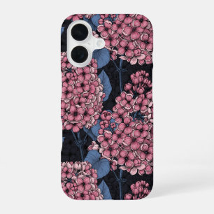 Coque iPhone 16 Lilas rose sur fond bleu foncé