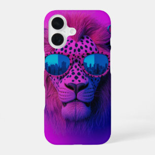Coque iPhone 16 Lion d'art pop néon portant des lunettes de soleil