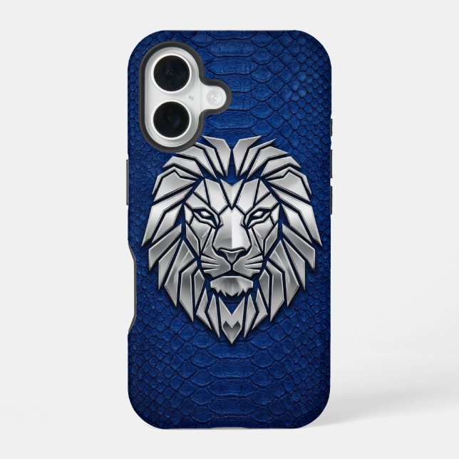 Coque iPhone 16 Lion Géométrique Chrome Argent Python Bleu iPhone (Verso)