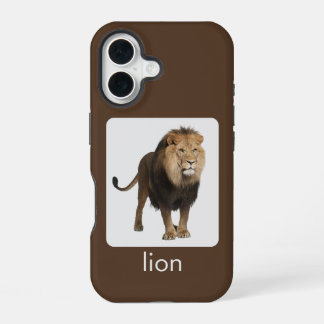 Coque iPhone 16 Lion sur fond blanc et marron avec texte