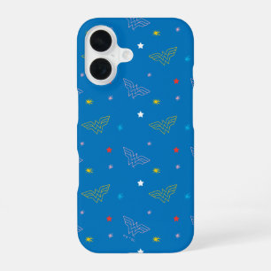 Coque iPhone 16 Logo de Wonder Woman et étoiles motif bleu