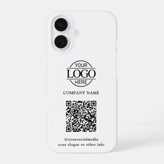 Coque iPhone 16 Logo d'entreprise moderne blanc & Code QR Promotio (Verso)