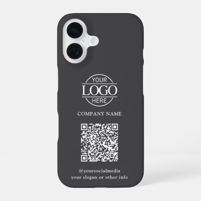 Coque iPhone 16 Logo d'entreprise moderne gris et code QR promotio (Verso)
