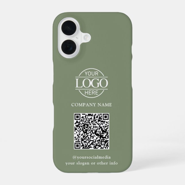 Coque iPhone 16 Logo d'entreprise Vert Sauge & Code QR Promotionne (Verso)