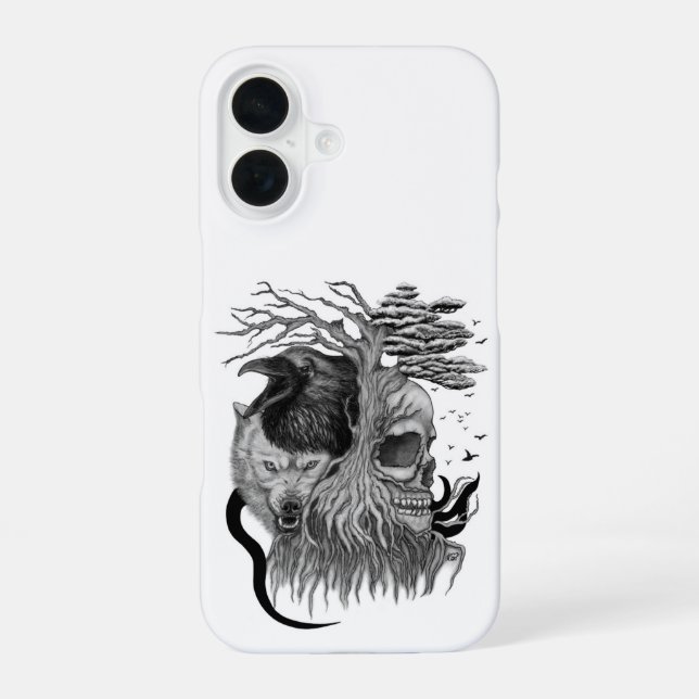 Coque iPhone 16 Loup et Corbeau avec Crâne (Verso)