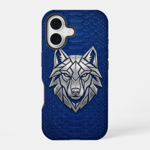 Coque iPhone 16 Loup Géométrique Argent Peau de Serpent Bleue iPho