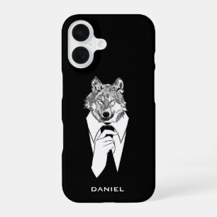 Coque iPhone 16 Loup hipster drôle avec smoking noir personnalisé