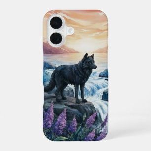 Coque iPhone 16 loup noir près d'une cascade au lever du soleil 