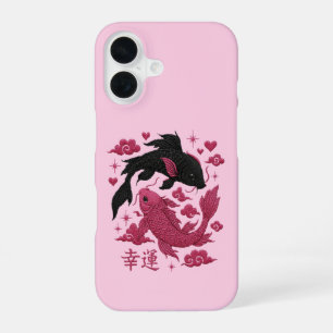 Coque iPhone 16 Lucky Koi Yin-Yang Broderie Esthétique Noir & Ro