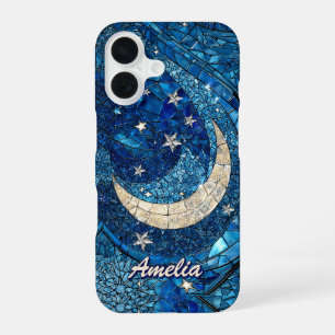 Coque iPhone 16 Lune en verre bleu céleste argenté