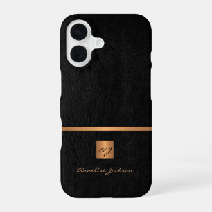 Coque iPhone 16 Luxe élégant or noir monogramme nom