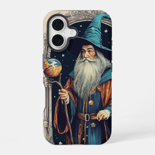 Coque iPhone 16 Magicien sorcier chapeau bleu barbe blanche vintag