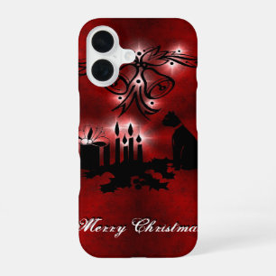 Coque iPhone 16 Magie de Noël avec chat noir sur arc-en-ciel rouge