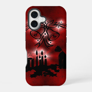 Coque iPhone 16 Magie de Noël avec chat noir sur arc-en-ciel rouge
